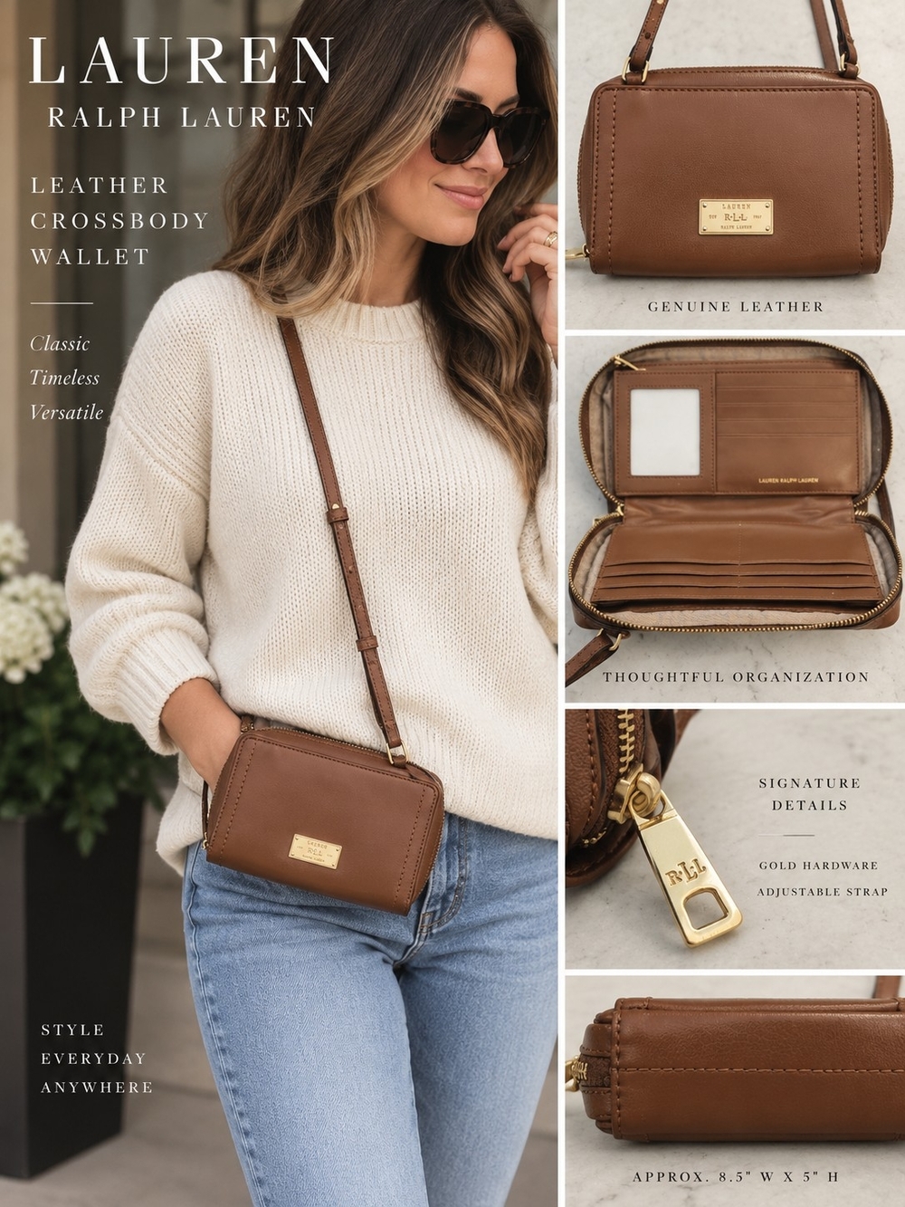 Lauren Ralph Lauren Leather Crossbody Wallet Cognac Brown Gold LRL